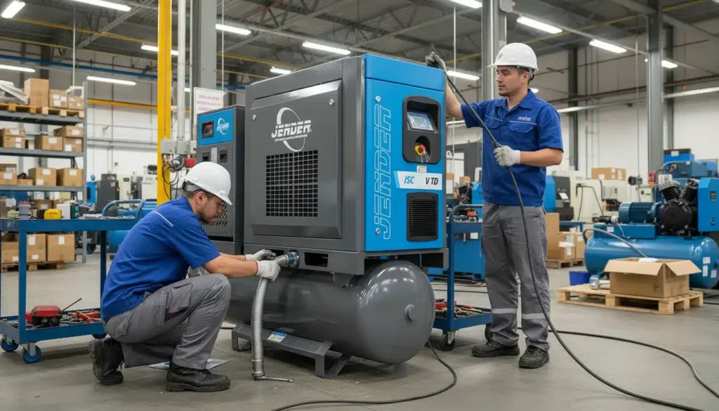 Jender screw compressor in a factory