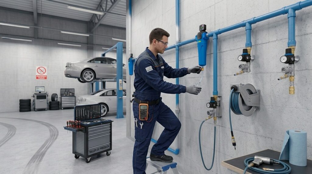técnico realizando el mantenimiento de una instalación de aire comprimido