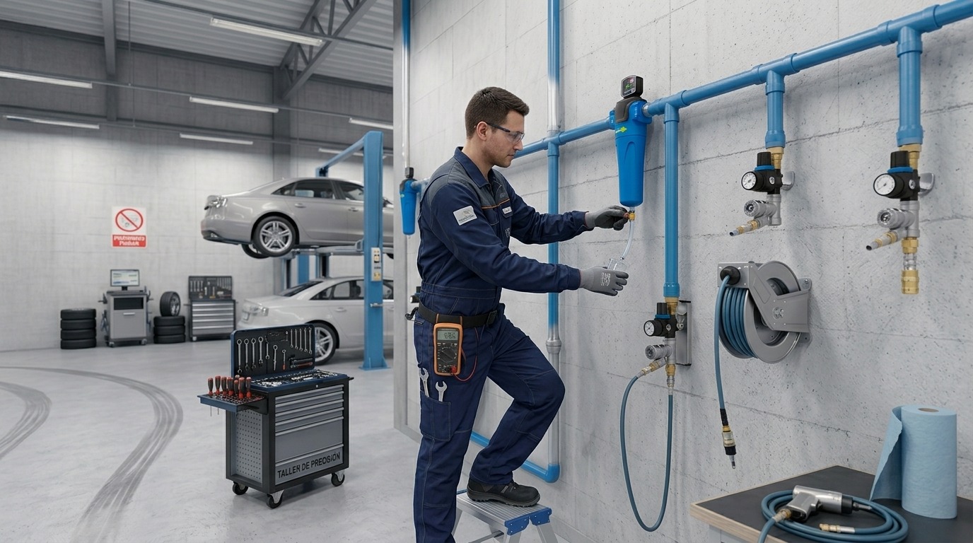 técnico realizando el mantenimiento de una instalación de aire comprimido